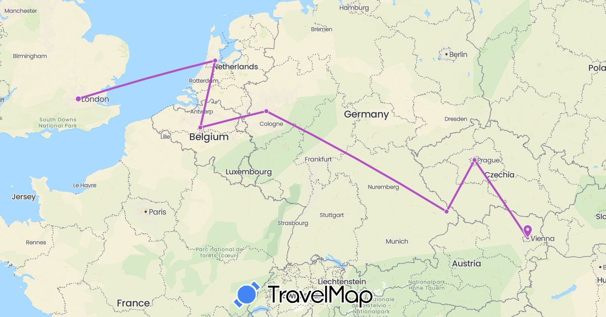 TravelMap itinerary: driving, train in Austria, Belgium, Czech Republic, Germany, United Kingdom, Netherlands (Europe)